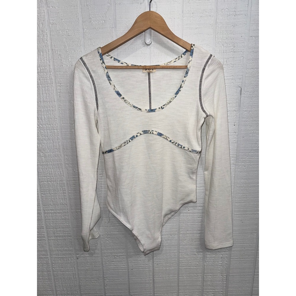 POL Bodysuit Women Cream Floral Trim Ribbed Thermal Long Sleeve M